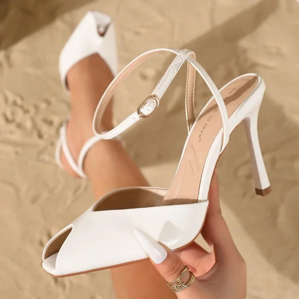 White Elegant Women's Strap Sandals with Open Toe and Thin Heels